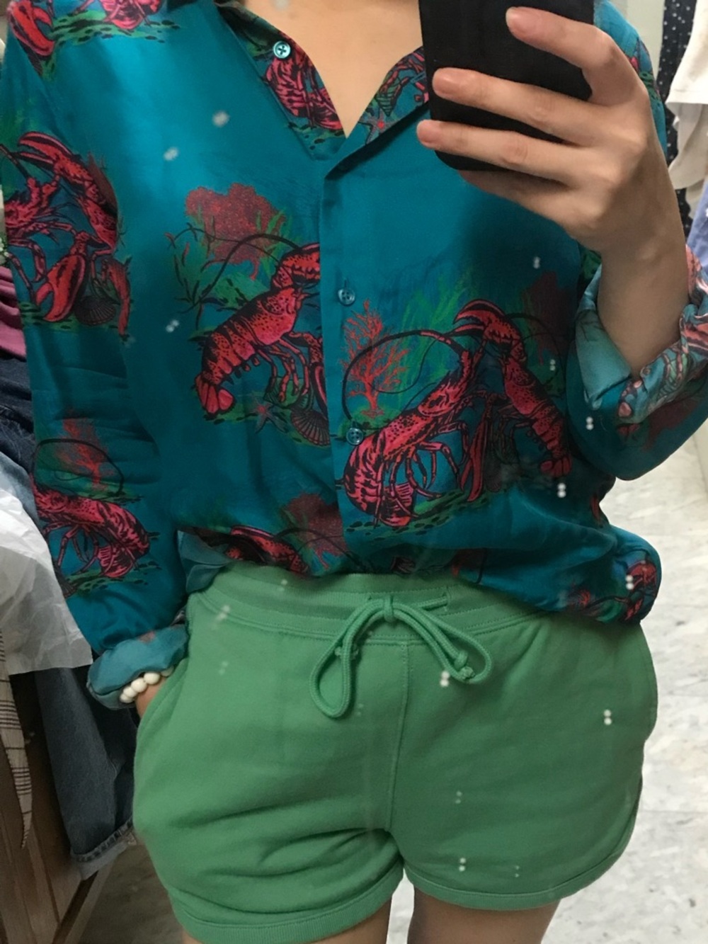 J. Crew Turquoise Blue Silk Lobster-Print Button-Down Shirt - Picture 5 of 5
